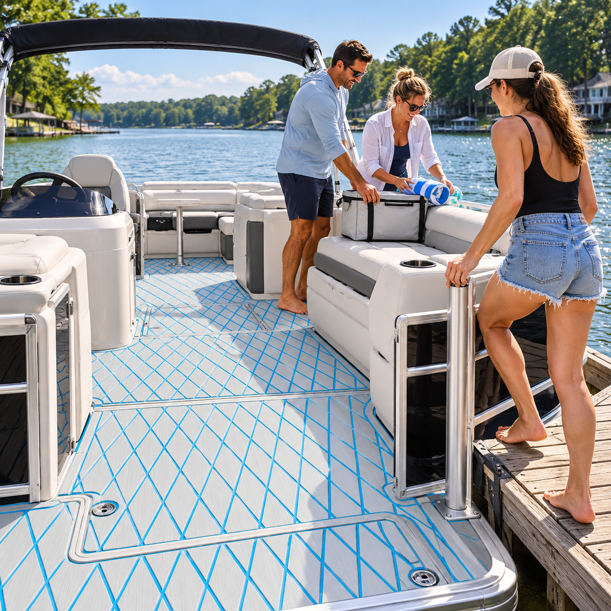 Three adults loading a cooler and towels through the open side gate of a pontoon boat with white and blue patterned flooring