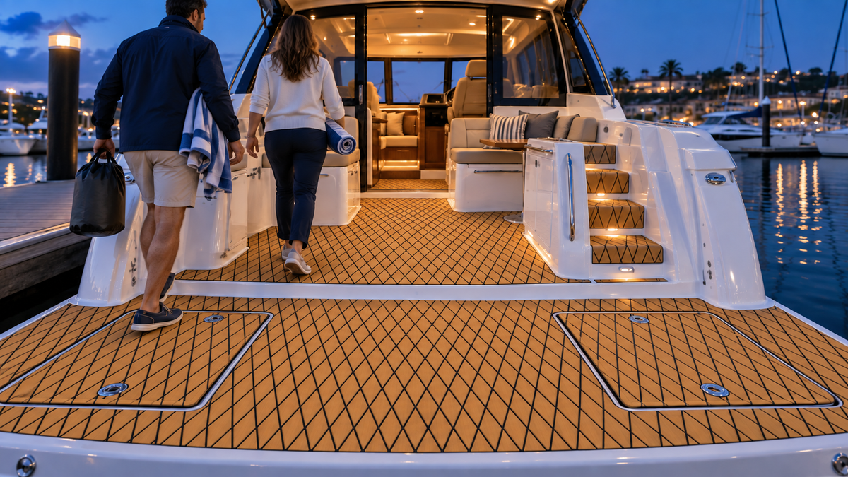Two adults boarding a cabin cruiser with tan diamond-pattern cockpit flooring, illuminated side steps, and an open cabin doorway