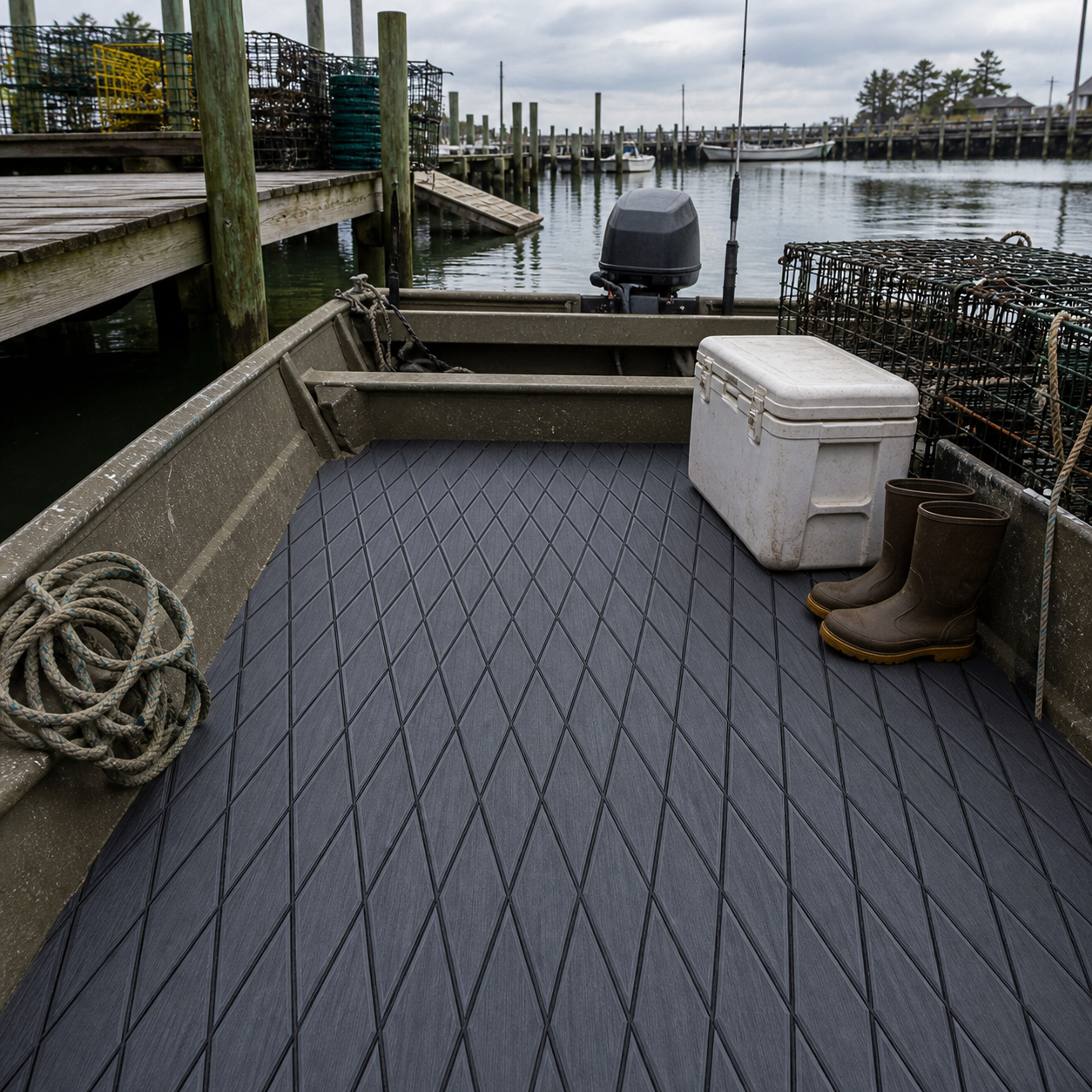 Dark gray diamond-patterned flooring covers a small utility boat beside a working dock with a cooler, boots, rope, and traps