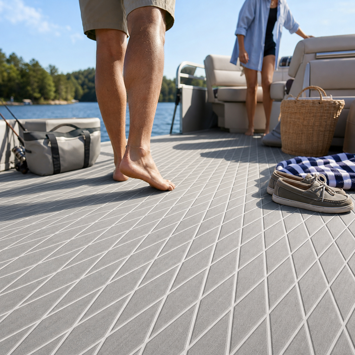 Bare feet walking across light gray diamond-patterned flooring on a pontoon boat with seats, shoes, a basket, and lake water visible