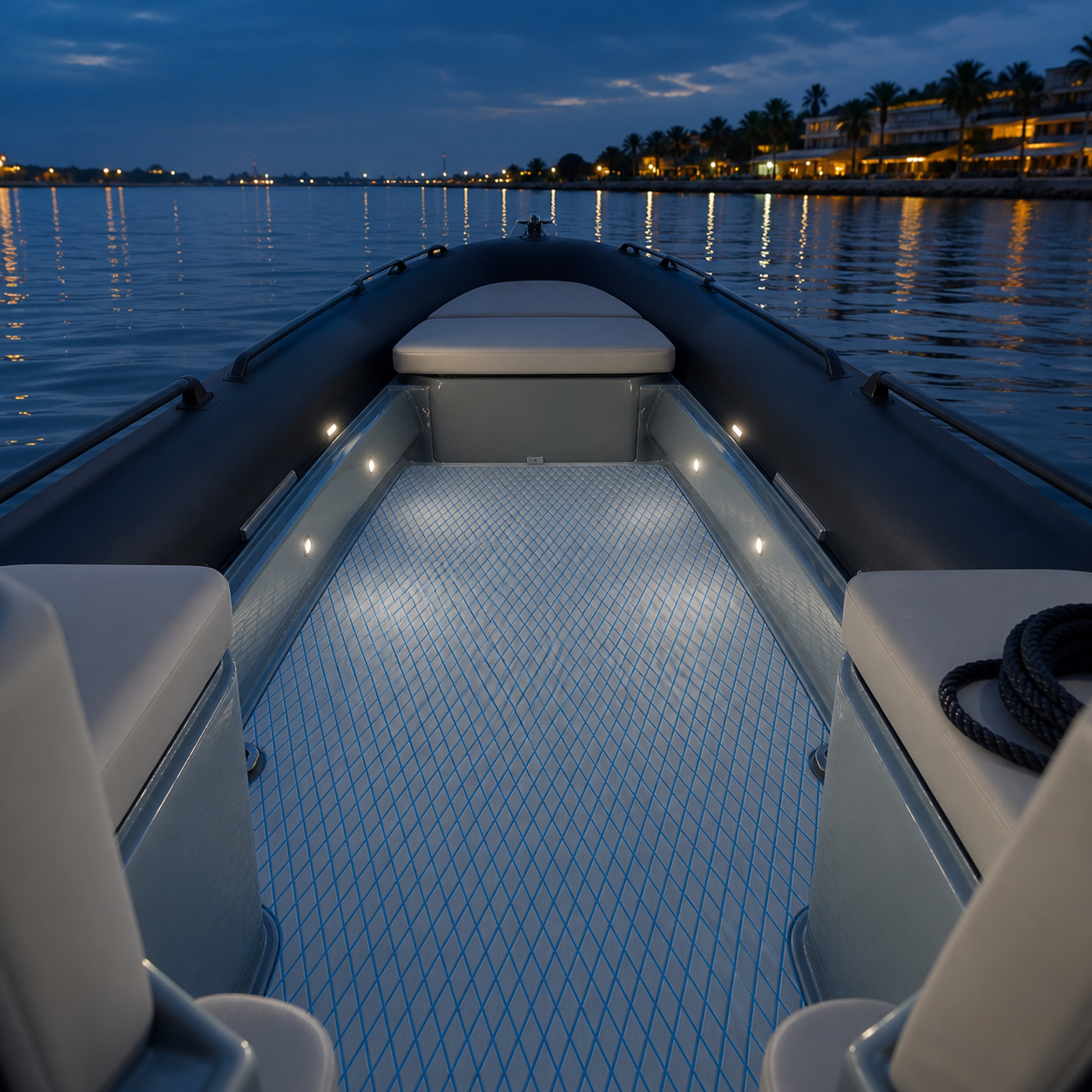 Light gray deck flooring with blue diamond lines inside a rigid inflatable boat at dusk