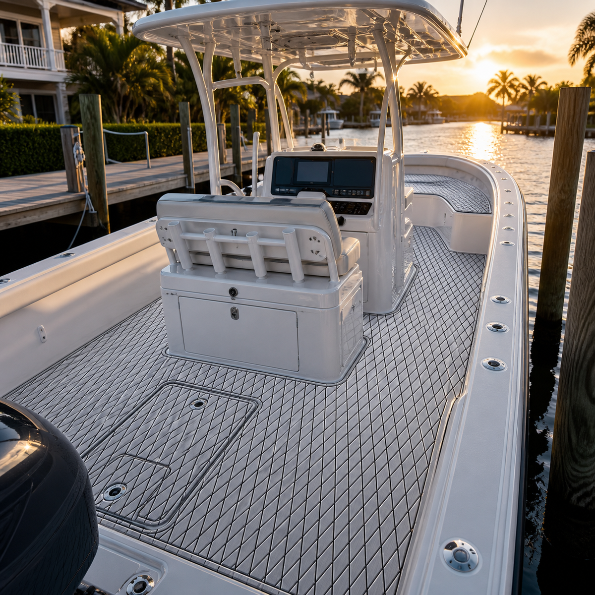 Gray-and-black diamond-patterned deck flooring on a white center-console fishing boat tied at a marina during sunset