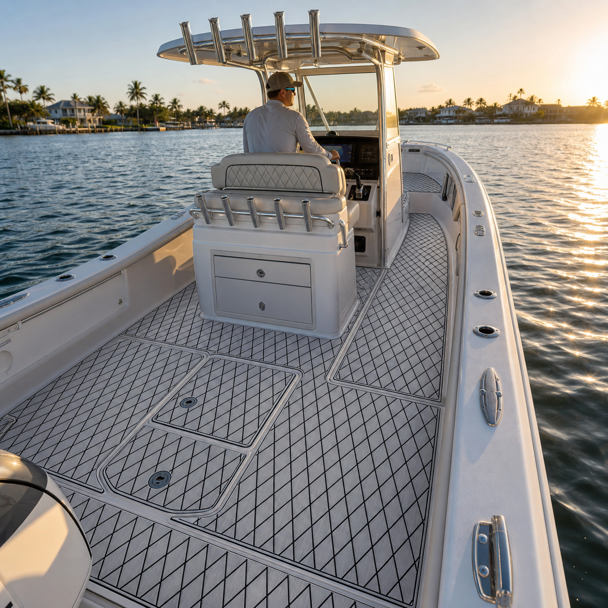 Center-console boat upgraded with light gray and black diamond EVA foam boat flooring