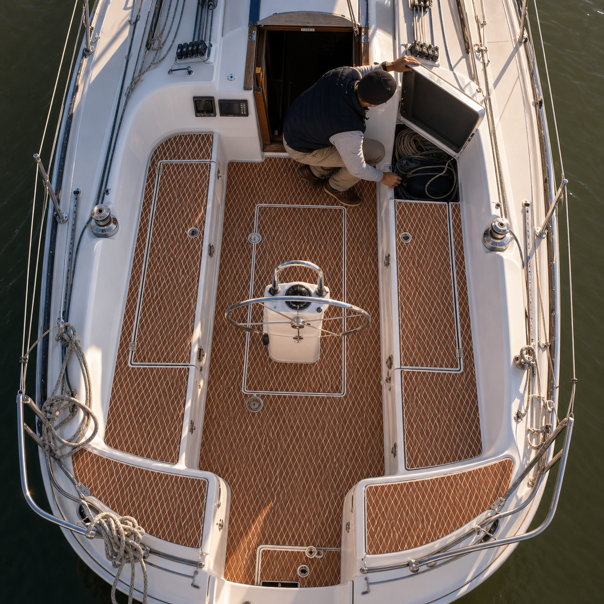 Overhead view of a sailboat cockpit with brown diamond-pattern flooring and a person handling coiled lines in an open locker