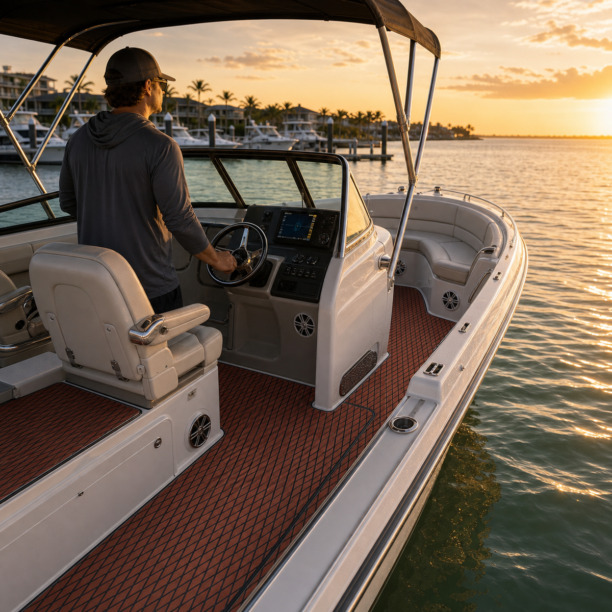 Brown diamond-pattern deck flooring inside an open-bow motorboat at sunset