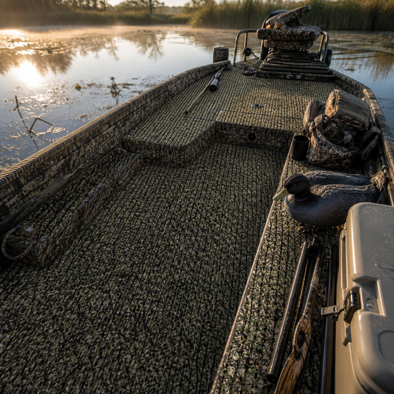 Compact shallow-water boat with camouflage-patterned flooring, raised deck, storage hatches, gear bags, rods, and a duck decoy