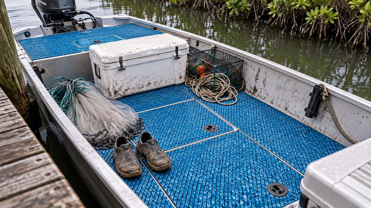 Blue camouflage-patterned grooved flooring in an aluminum work skiff with muddy shoes, a cooler, cast net, rope, and crab trap at a mangrove dock