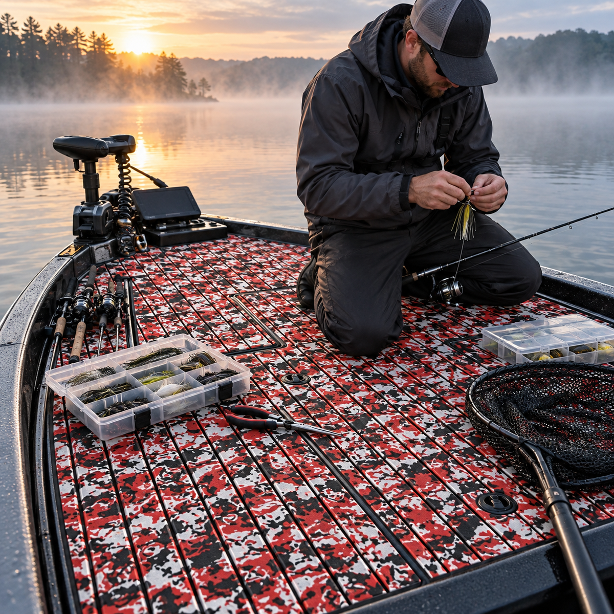Angler kneeling on red, black, and white camouflage-patterned flooring on a bass boat casting deck with rods and open tackle boxes at a misty sunrise