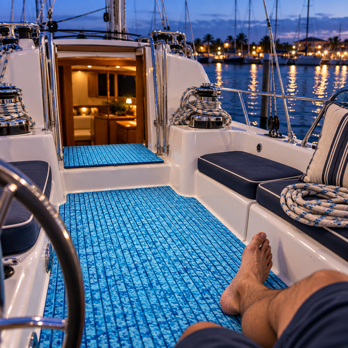 Blue grooved flooring across a sailboat cockpit and companionway step beside winches, coiled lines, navy cushions, and an open cabin at dusk