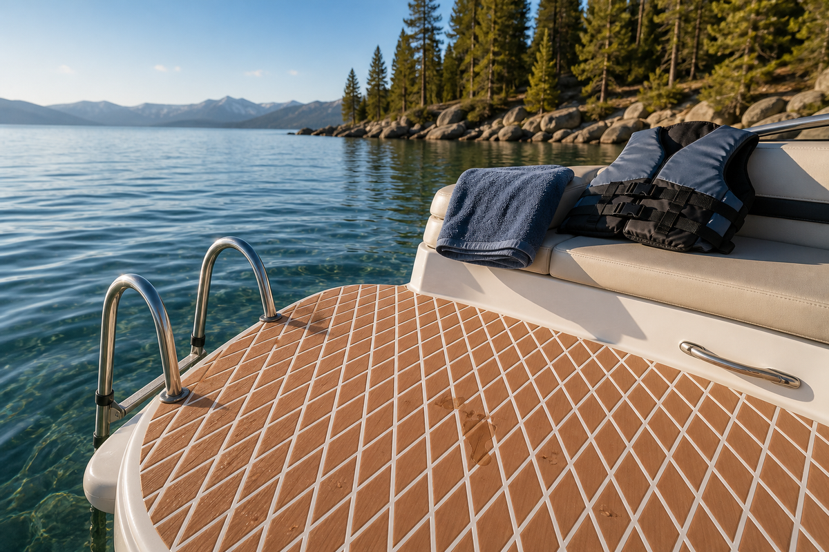 Tan diamond-pattern flooring on a rigid boat swim platform beside a stainless ladder, folded towel, and two life vests