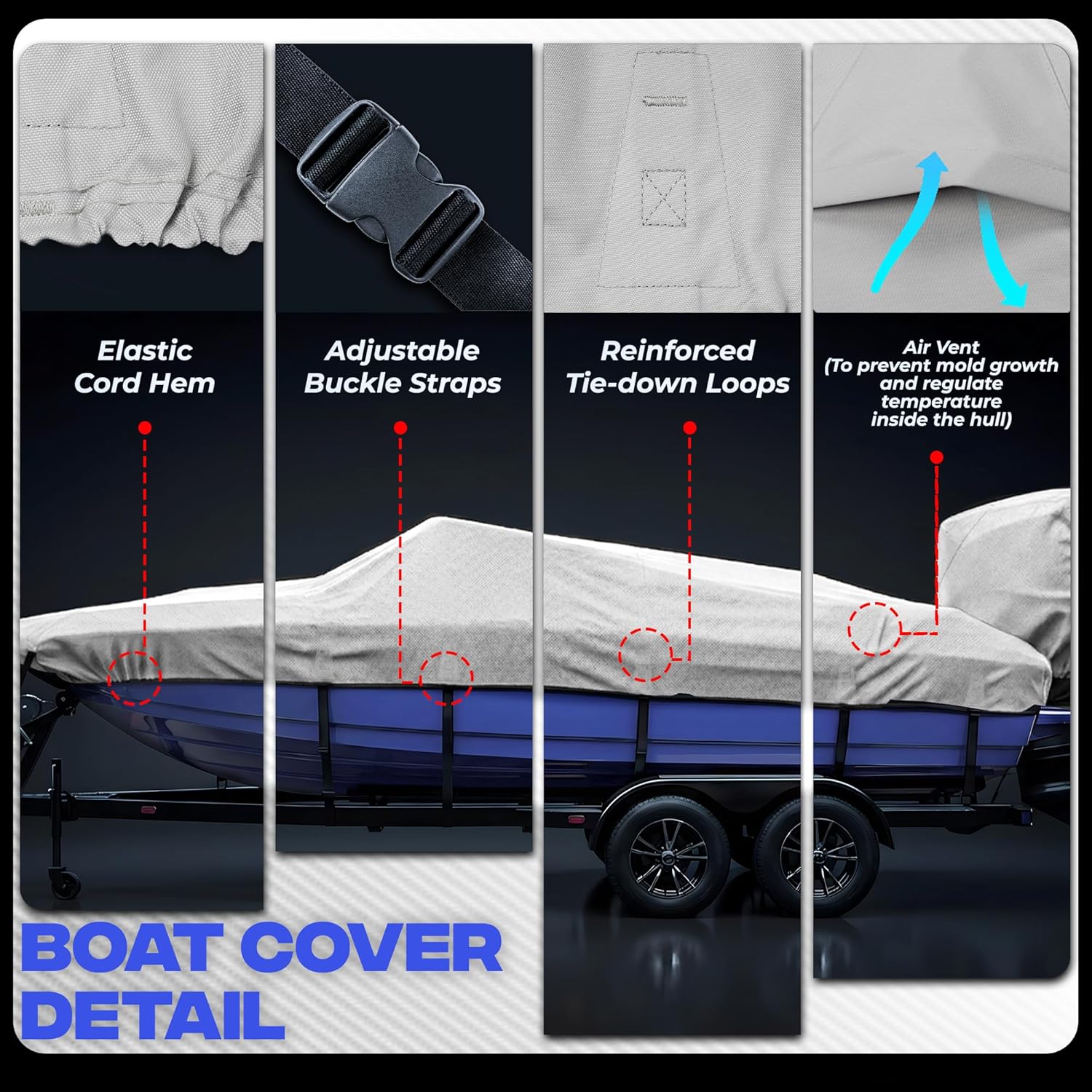 FOCEAN 1200D Waterproof Heavy Duty Boat Cover for Bass, Fishing, V‑Hull & Jon Boats, Marine-Grade All‑Weather Tarp with Storage Bag - Grey