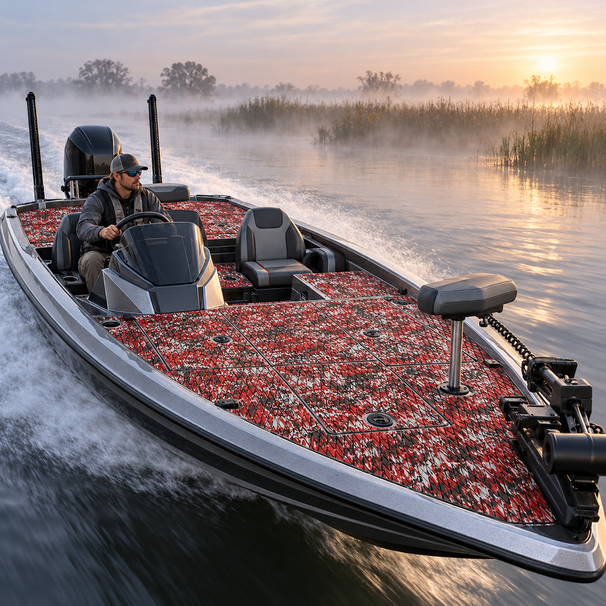 Gray bass boat underway at sunrise with red, black, and white patterned flooring across the bow, cockpit, and stern decks