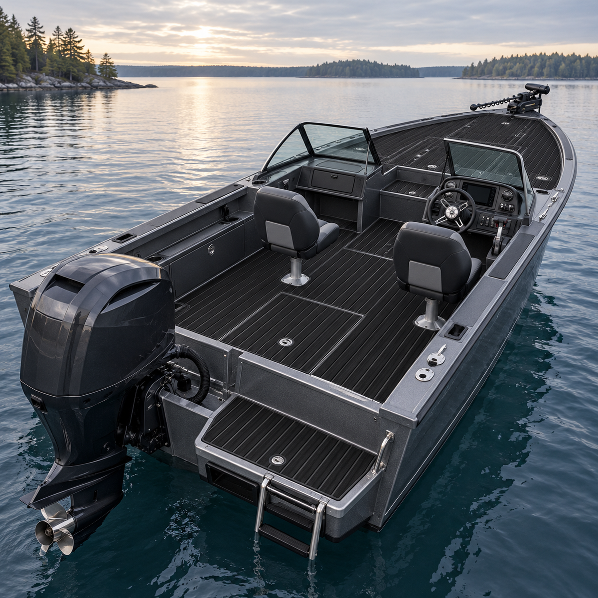 Black fishing boat with two pedestal seats, a split windshield, raised bow deck, trolling motor, dark striped flooring, and a stern boarding ladder