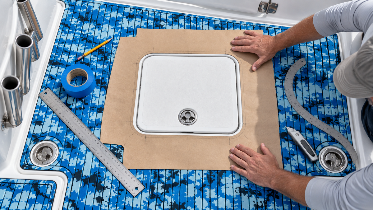 Hands fitting a kraft-paper template around a rectangular hatch on blue patterned flooring in a fishing-boat cockpit