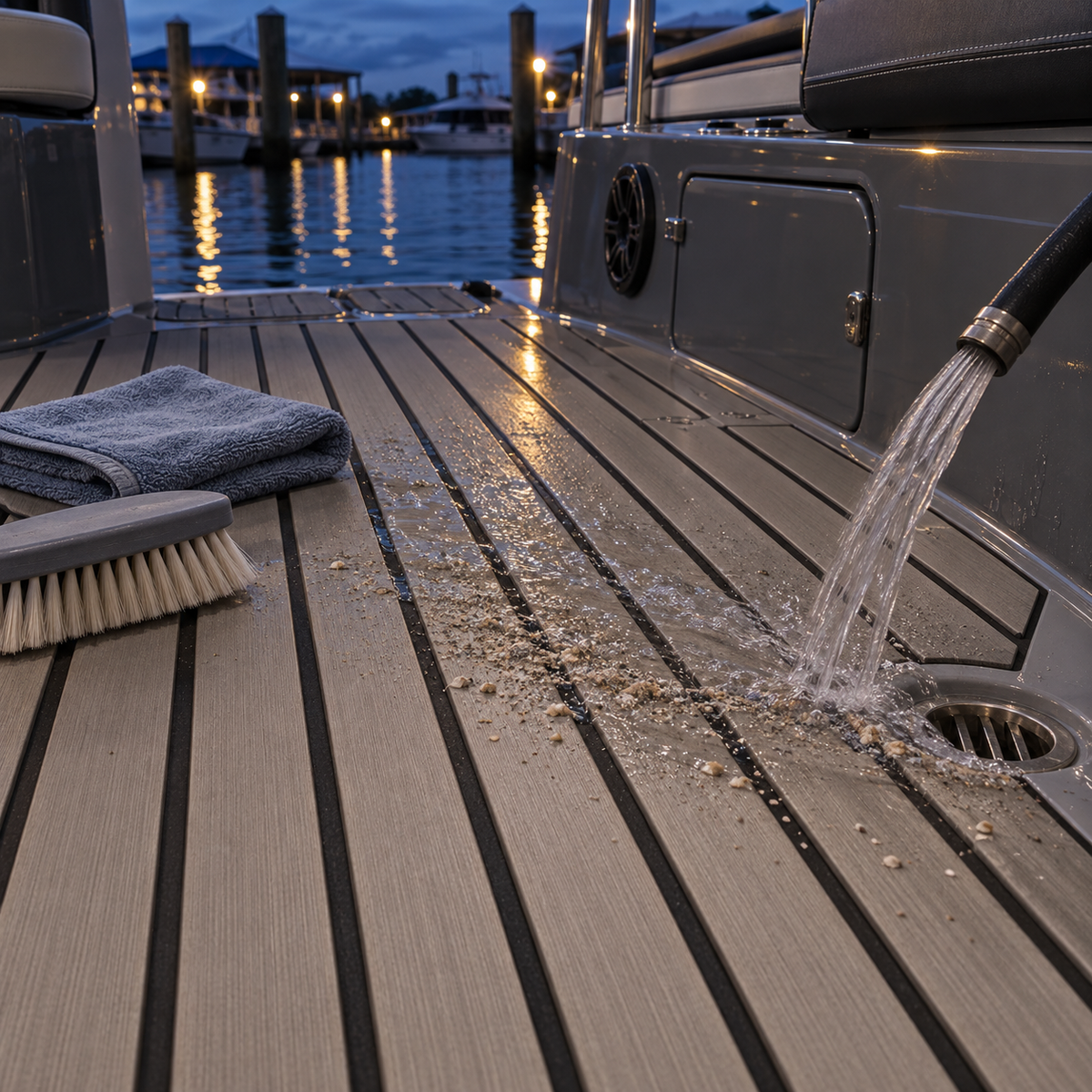 Fresh water rinsing sand and small debris toward a round drain on gray striped boat flooring, beside a brush and folded towel