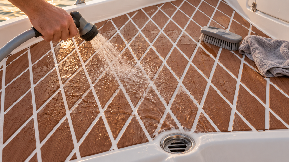 A hand rinsing brown diamond-pattern boat flooring toward a round deck drain beside a gray brush and towel