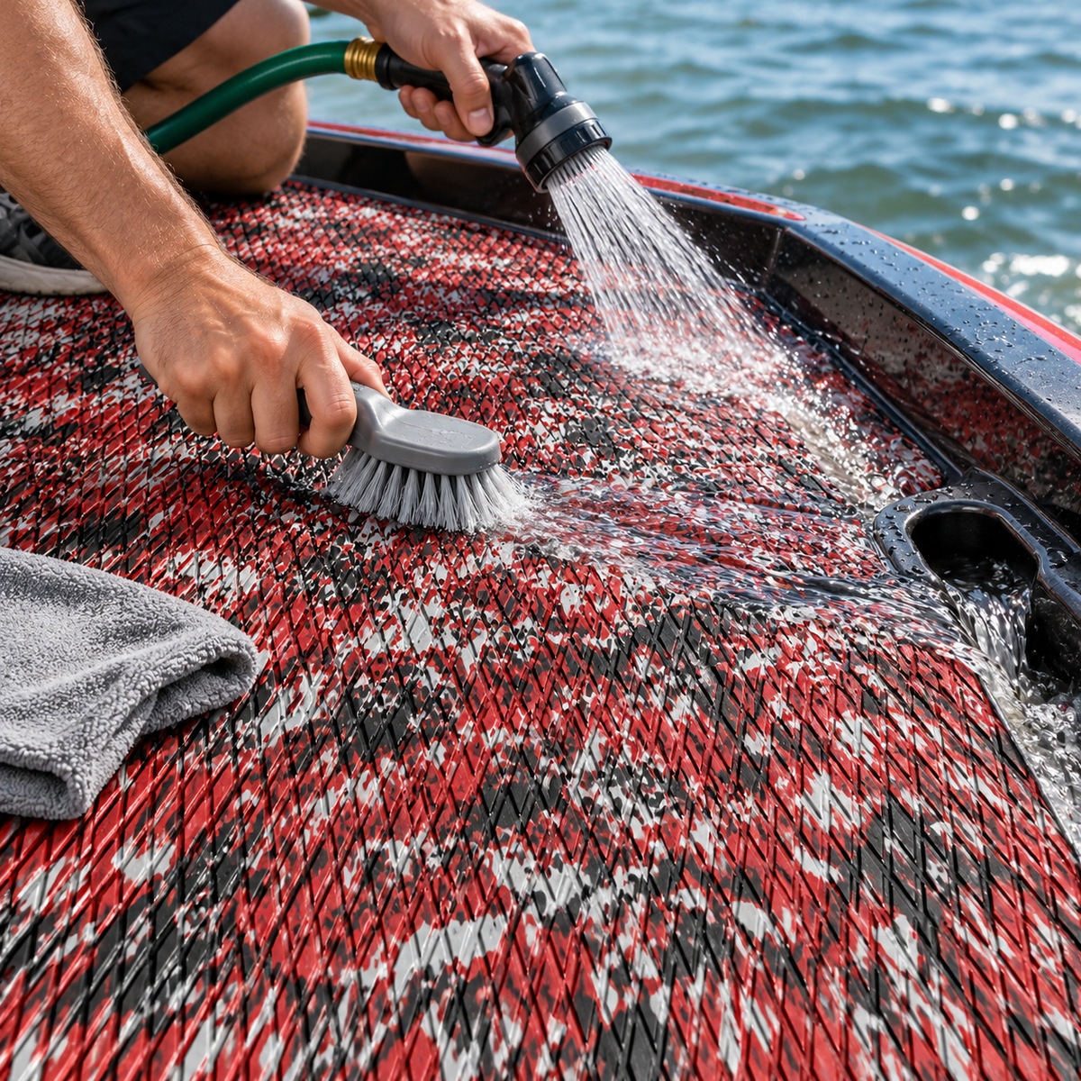 Hands using a hose and soft brush to rinse red, black, and white patterned boat flooring beside a drain