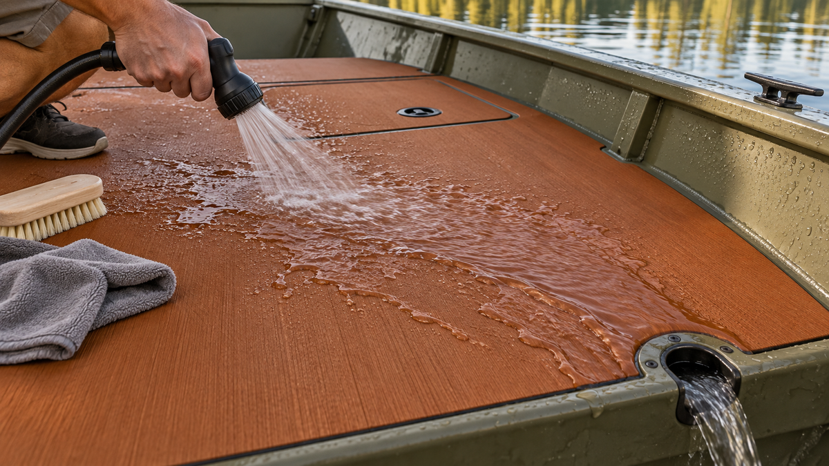 Fresh water rinsing brown brushed flooring inside an olive aluminum utility skiff, with a scrub brush, towel, hatch, and round drain visible