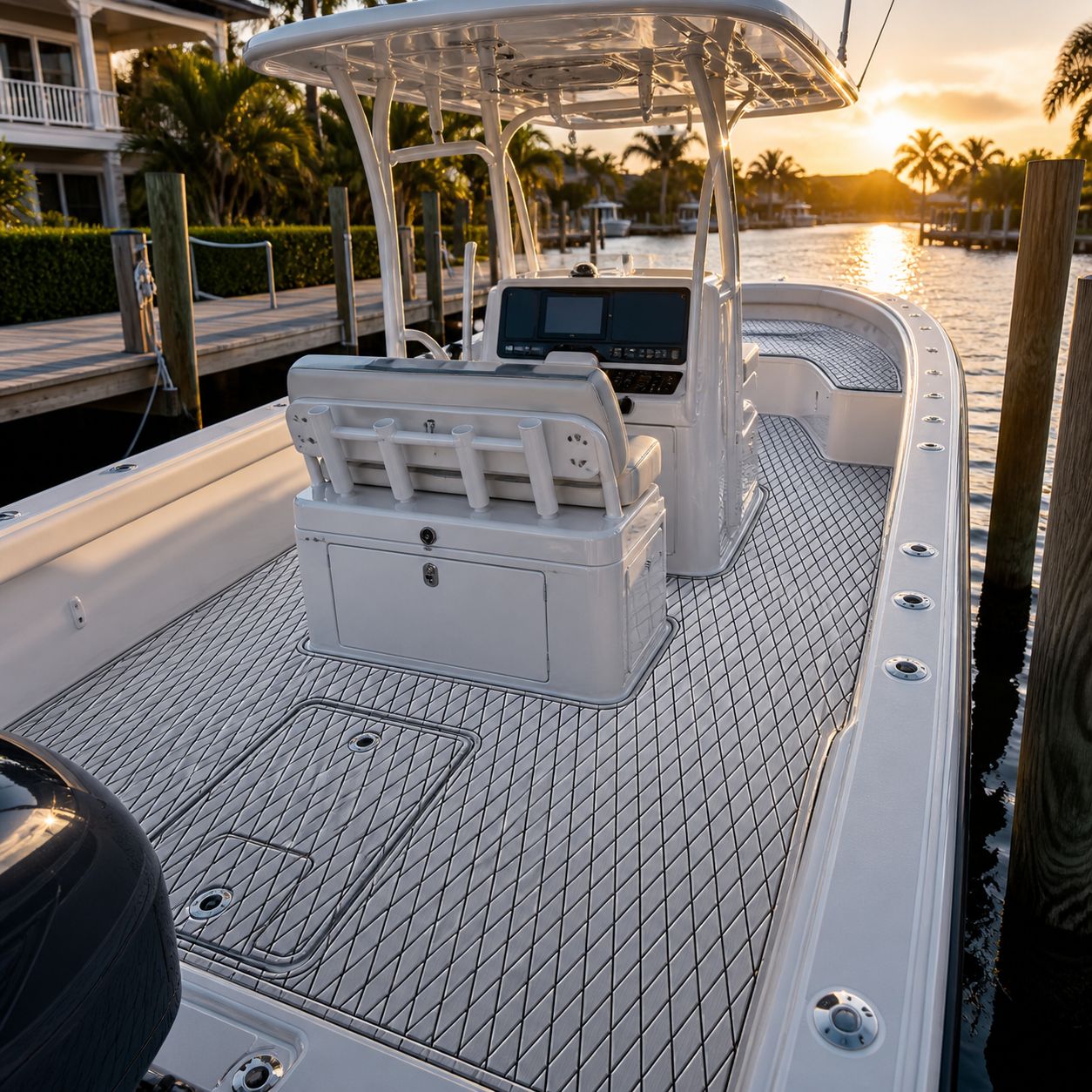 Gray-and-black diamond-patterned deck flooring on a white center-console fishing boat tied at a marina during sunset