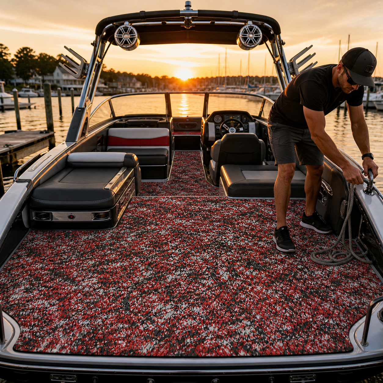 Open sport boat cockpit with red, black, gray, and white patterned flooring, wraparound seating, a wakeboard tower, and a man handling a dock line