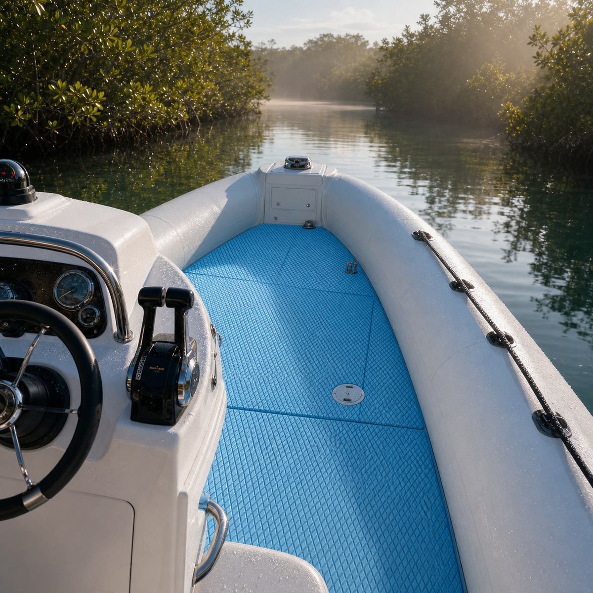 RIB cockpit with bright blue textured flooring, white inflatable tubes, a center console, and water droplets in a mangrove channel