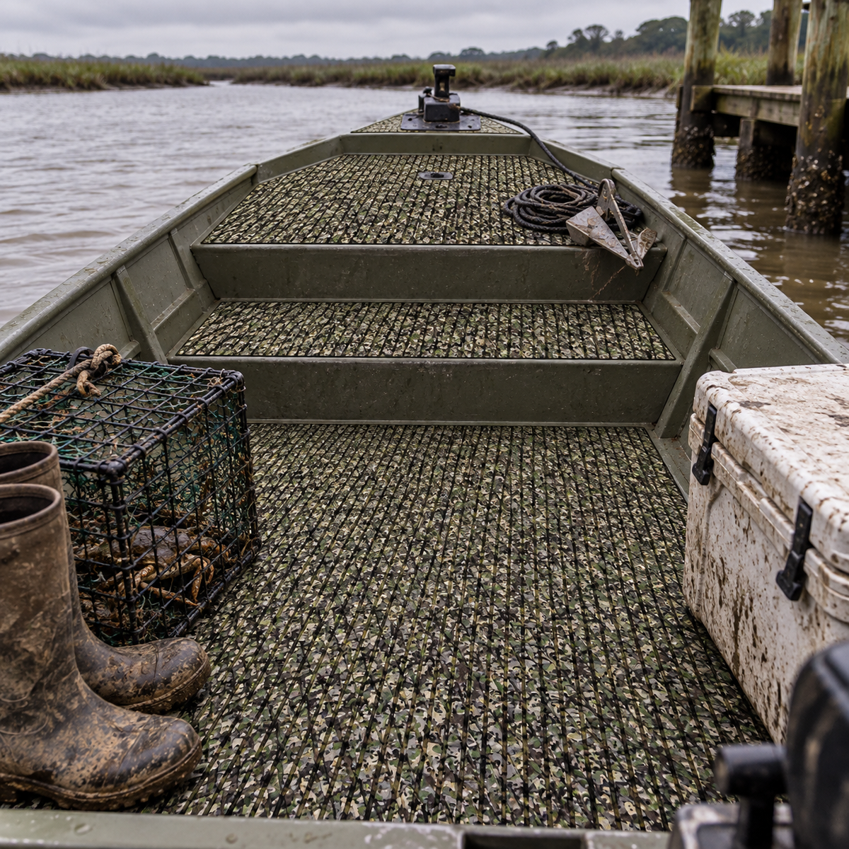Camouflage-patterned grooved flooring in an aluminum work skiff with muddy boots, a crab trap, rope, anchor, and cooler at a dock