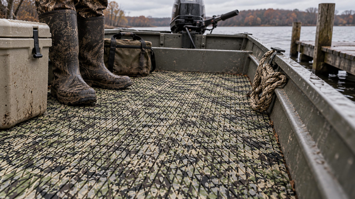 Camouflage-patterned grooved flooring in a small aluminum workboat with muddy boots, a cooler, a bag, rope, and a dock alongside