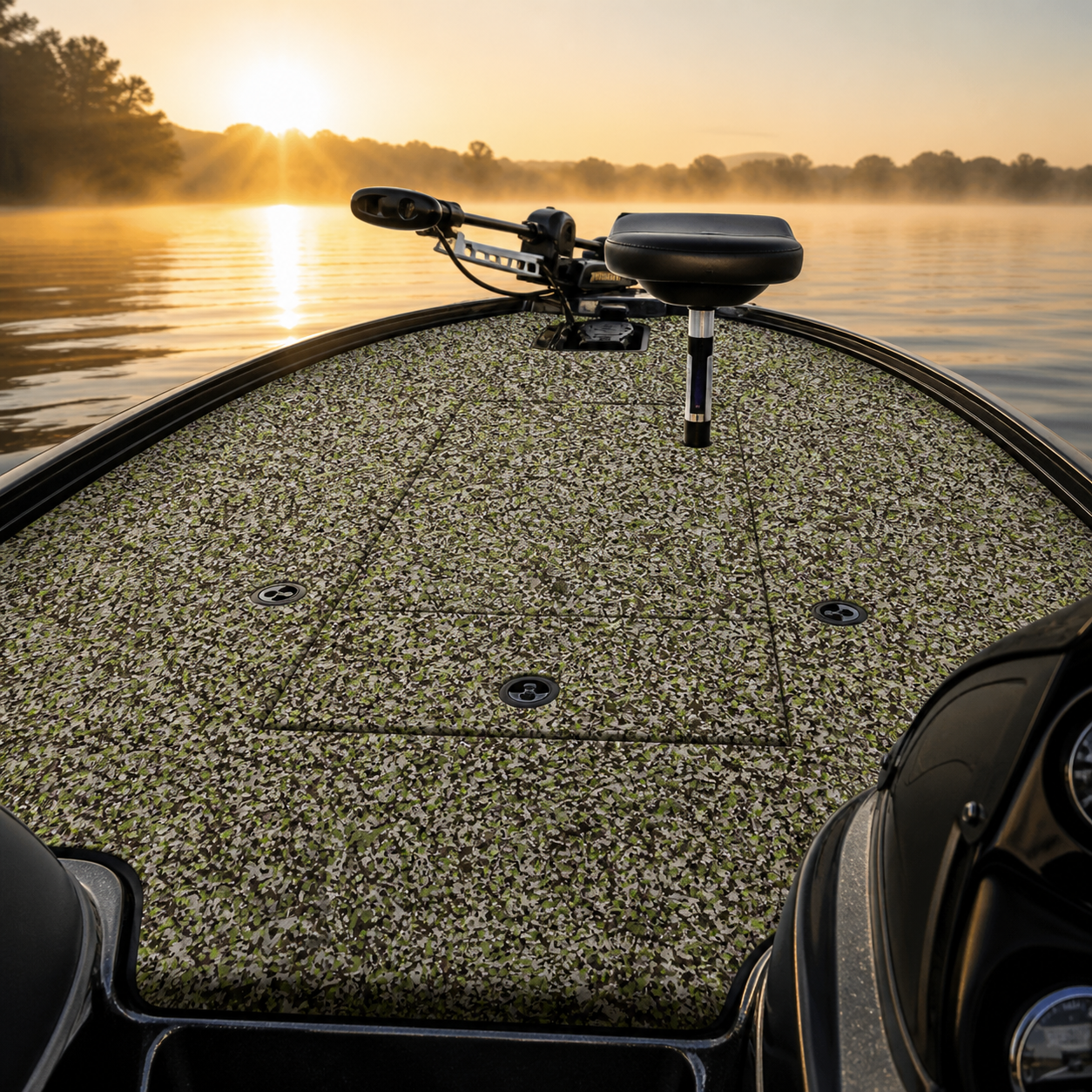 Bass boat casting deck with green, gray, and white camouflage-patterned flooring, storage hatches, a pedestal seat base, and a trolling motor at sunrise