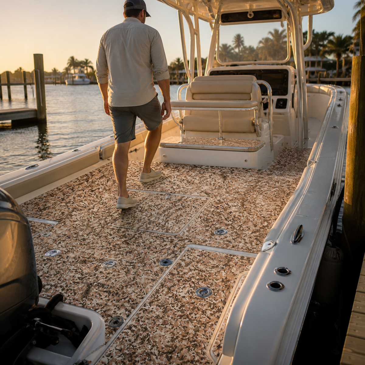 Center-console boat cockpit with tan, cream, and brown camouflage-patterned flooring, white seating, a man walking toward the helm, and marina water at sunset