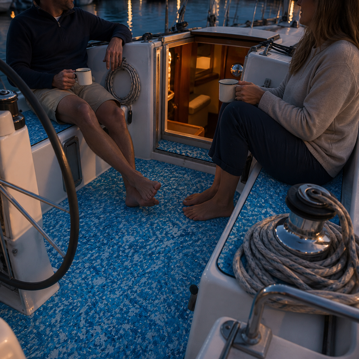 Sailboat cockpit at dusk with blue patterned flooring, an open companionway, coiled lines, winches, a helm wheel, and two seated adults holding mugs
