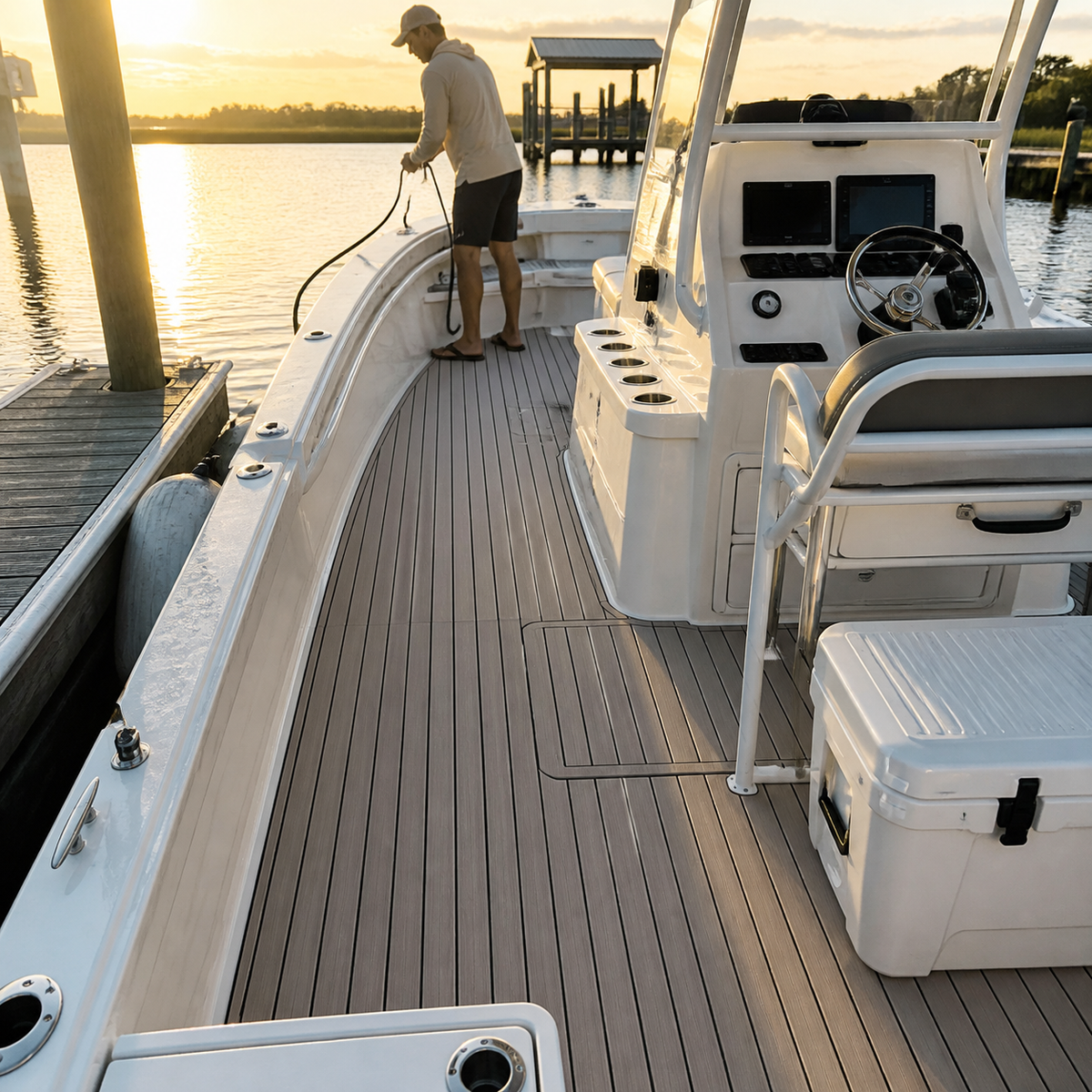 Center-console boat at a marina with gray striped deck flooring, white helm seating, a cooler, and a man handling a dock line at sunset