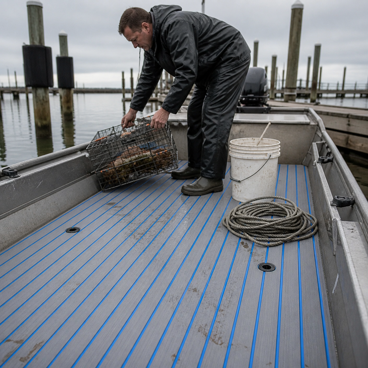 Worker in rain gear handling a crab trap on an aluminum skiff with gray and blue striped flooring, a white bucket, and a coiled rope