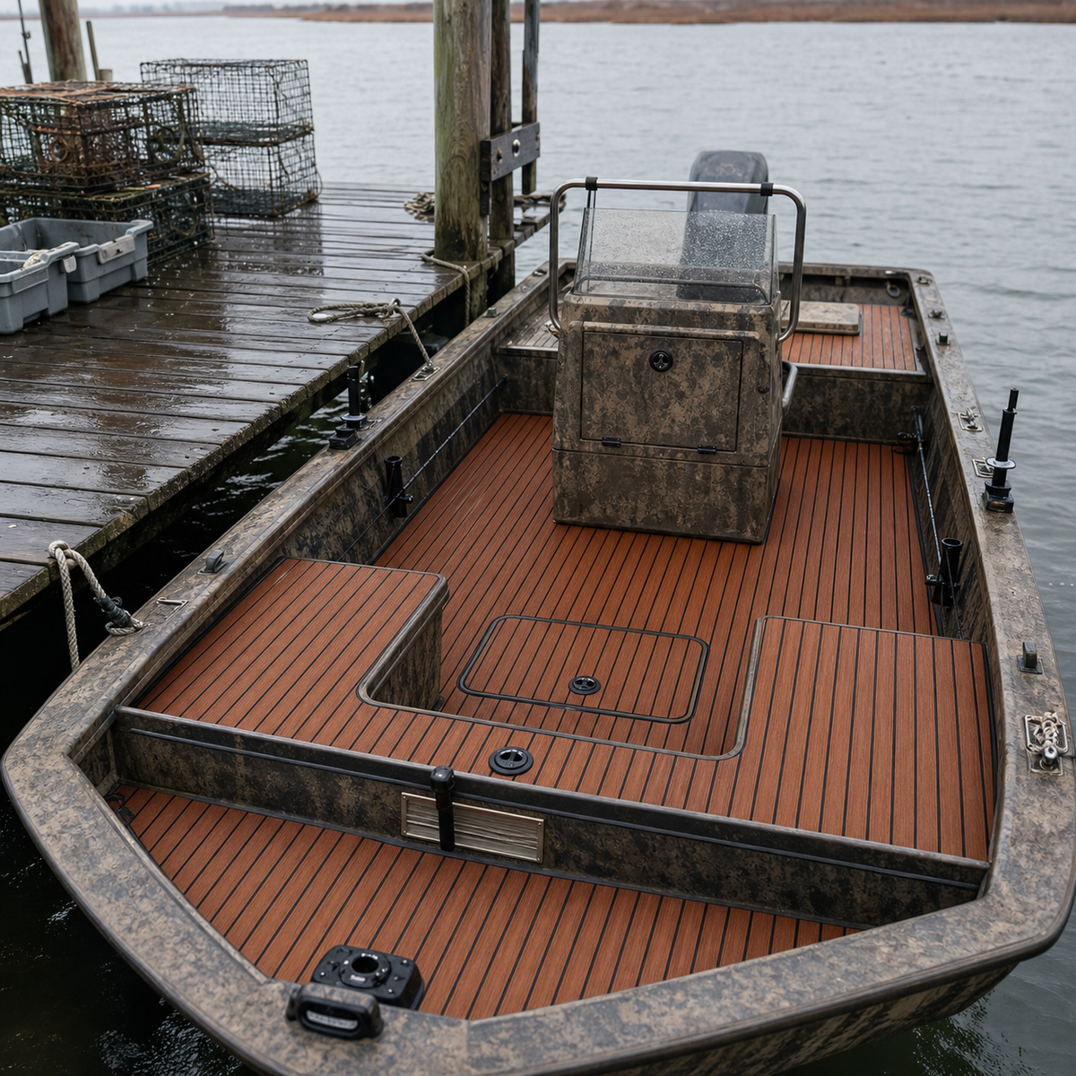 Small camouflaged fishing boat at a working dock with brown striped deck flooring, center console, rod holders, and wet crab traps nearby