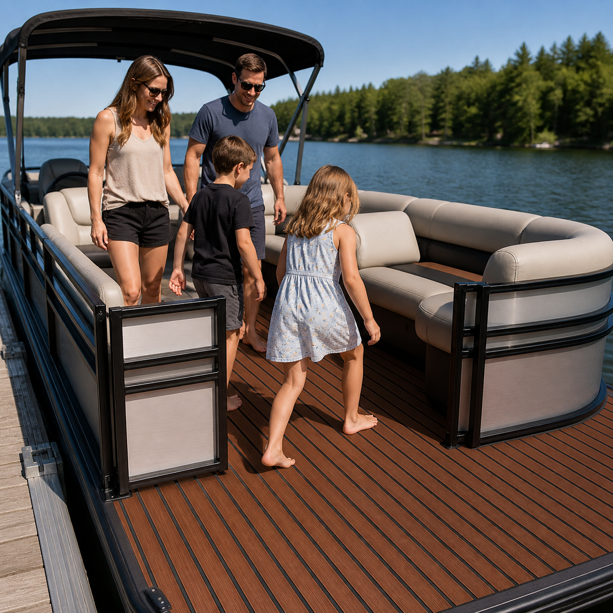 Family walking through a pontoon side gate beside curved lounge seating and dark brown striped deck flooring on a lake