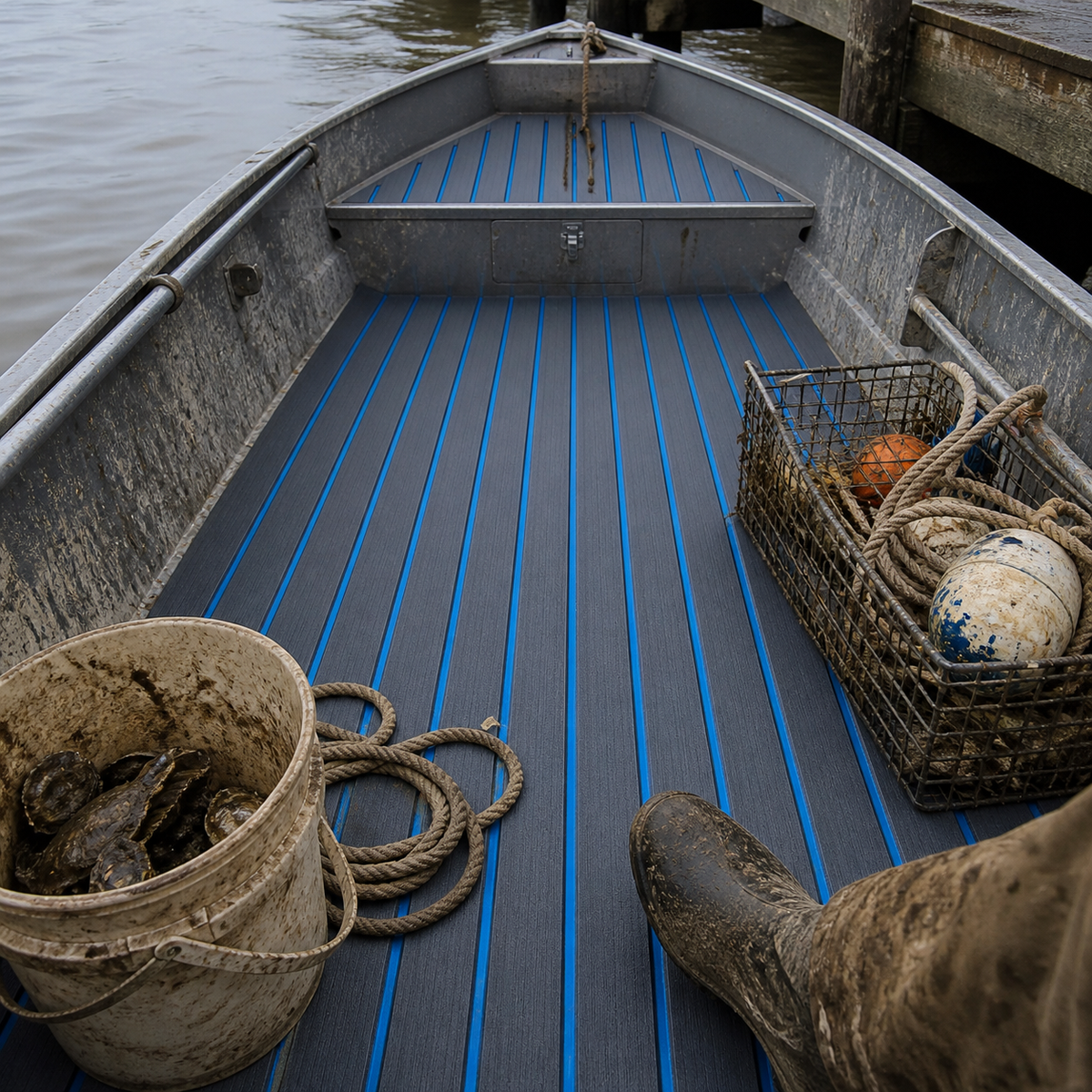 Open aluminum work boat with gray and blue striped deck flooring, a raised bow bench, muddy bucket, rope, buoys, and a boot beside a dock