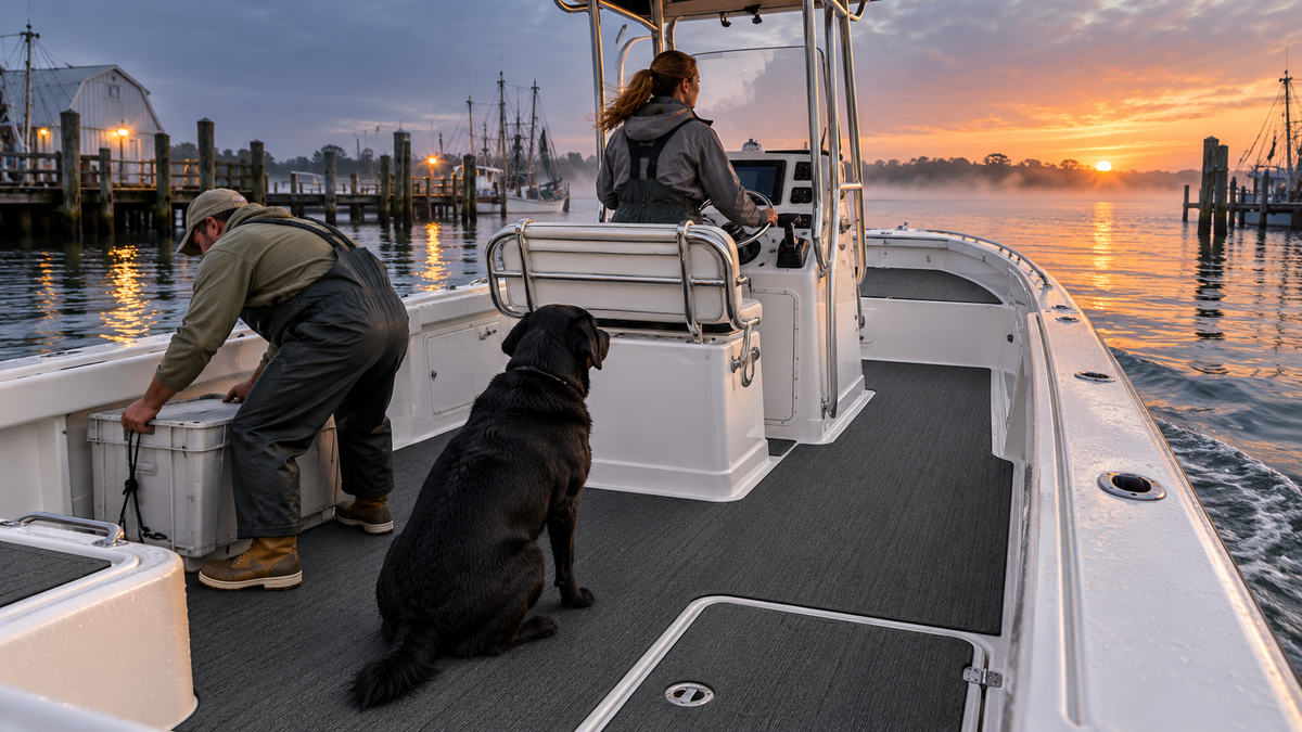 White center-console bay boat with dark gray brushed flooring, two adults in work clothes, a black dog, a cargo crate, and a harbor at sunrise