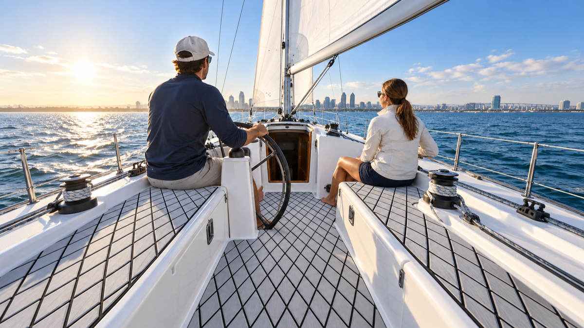 Two adults sailing in a white cockpit with gray diamond-pattern flooring, a wheel, winches, lines, seats, and an open companionway