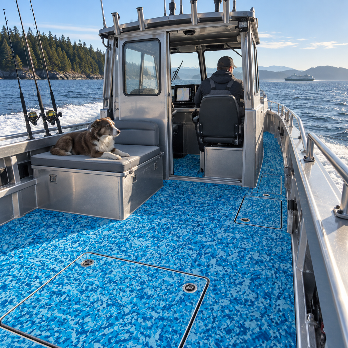 An adult operating an aluminum pilothouse fishing boat with a dog on the aft bench and blue camouflage-pattern flooring across the cockpit and side walkway