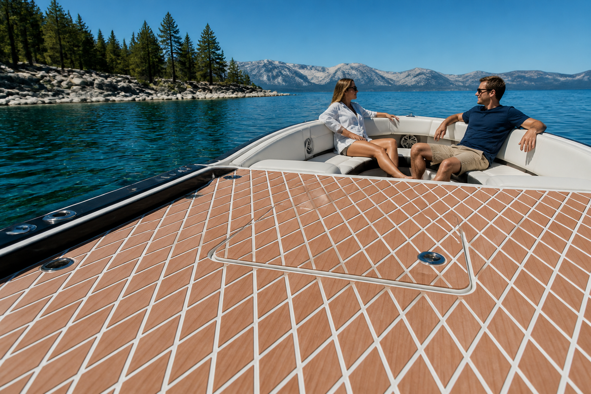 Open-bow runabout with warm tan diamond-pattern flooring across the bow deck and a storage lid, with two adults seated by a clear mountain lake
