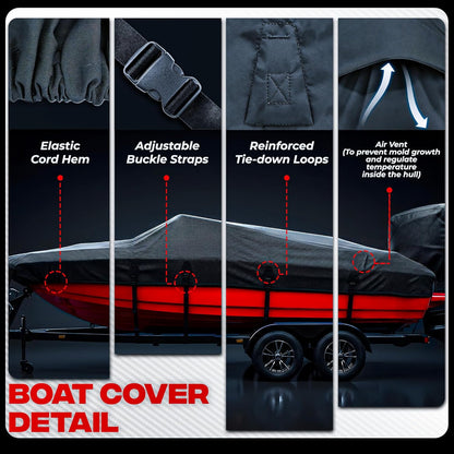 FOCEAN 1200D Waterproof Heavy Duty Boat Cover for Bass, Fishing, V‑Hull & Jon Boats, Marine-Grade All‑Weather Tarp with Storage Bag - Black
