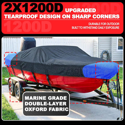 FOCEAN 1200D Waterproof Heavy Duty Boat Cover for Bass, Fishing, V‑Hull & Jon Boats, Marine-Grade All‑Weather Tarp with Storage Bag - Black