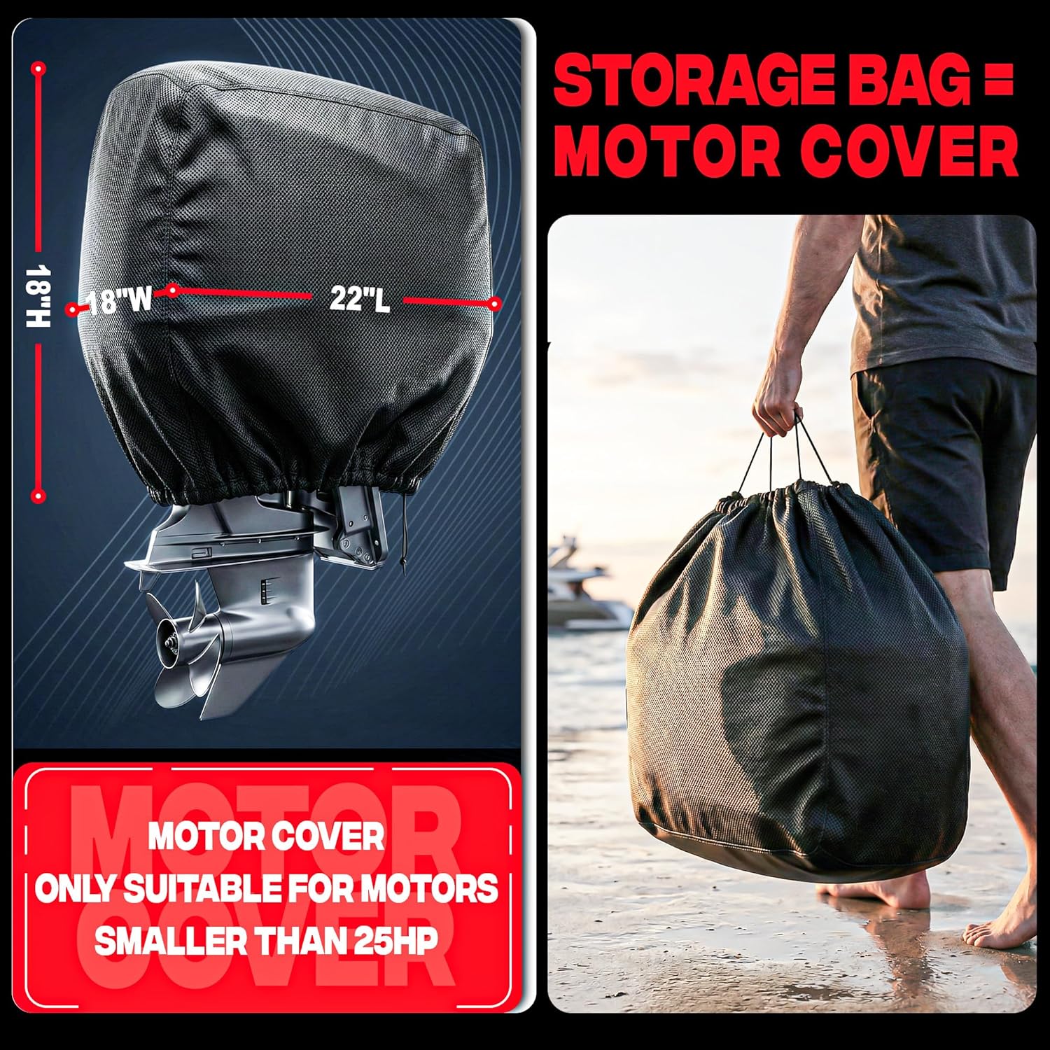 FOCEAN 1200D Waterproof Heavy Duty Boat Cover for Bass, Fishing, V‑Hull & Jon Boats, Marine-Grade All‑Weather Tarp with Storage Bag - Black