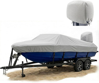 FOCEAN 1200D Waterproof Heavy Duty Boat Cover for Bass, Fishing, V‑Hull & Jon Boats, Marine-Grade All‑Weather Tarp with Storage Bag - Grey