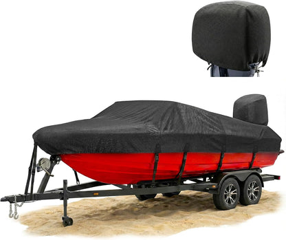 FOCEAN 1200D Waterproof Heavy Duty Boat Cover for Bass, Fishing, V‑Hull & Jon Boats, Marine-Grade All‑Weather Tarp with Storage Bag - Black