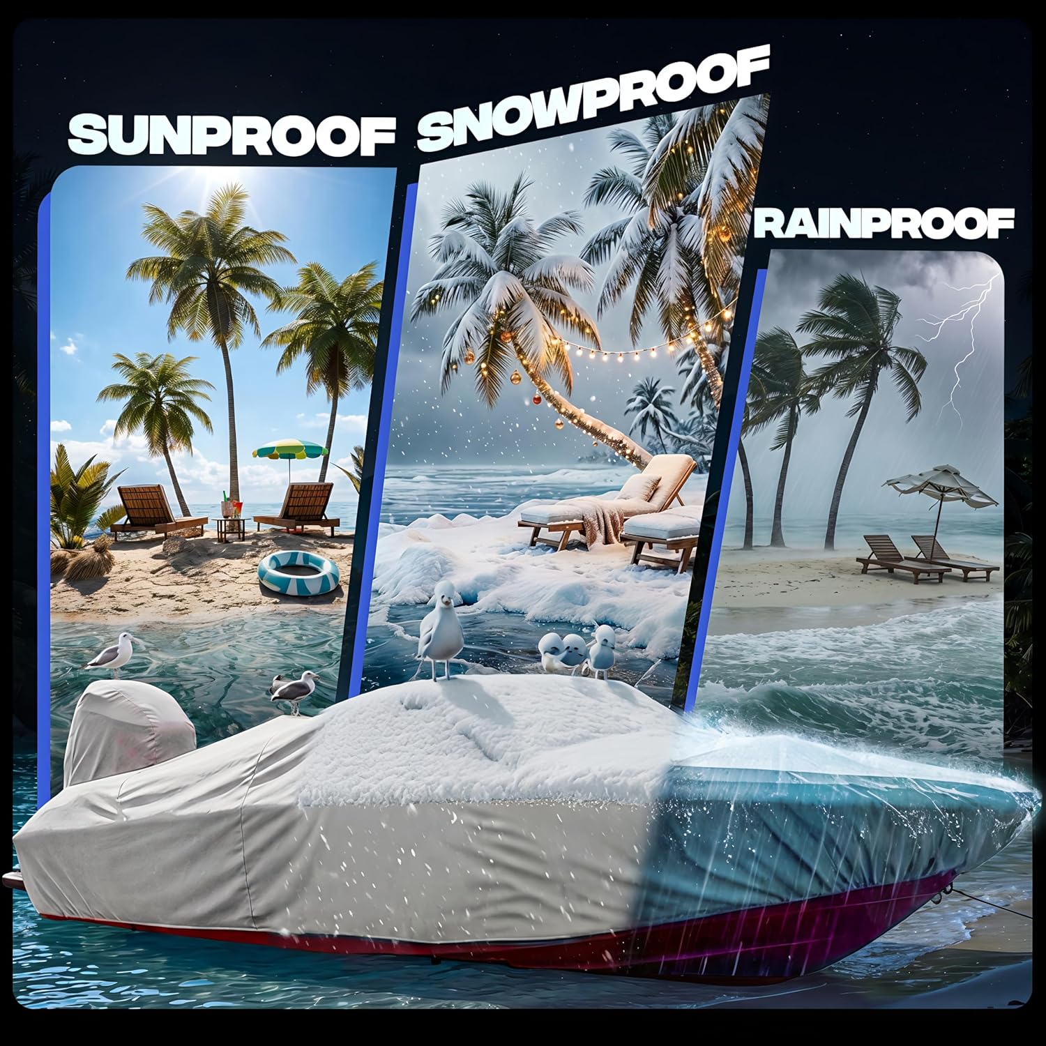 FOCEAN 1200D Waterproof Heavy Duty Boat Cover for Bass, Fishing, V‑Hull & Jon Boats, Marine-Grade All‑Weather Tarp with Storage Bag - Grey