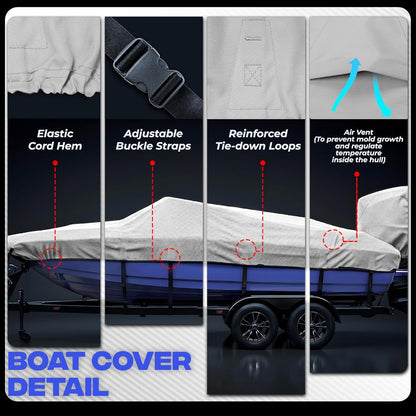 FOCEAN 1200D Waterproof Heavy Duty Boat Cover for Bass, Fishing, V‑Hull & Jon Boats, Marine-Grade All‑Weather Tarp with Storage Bag - Grey