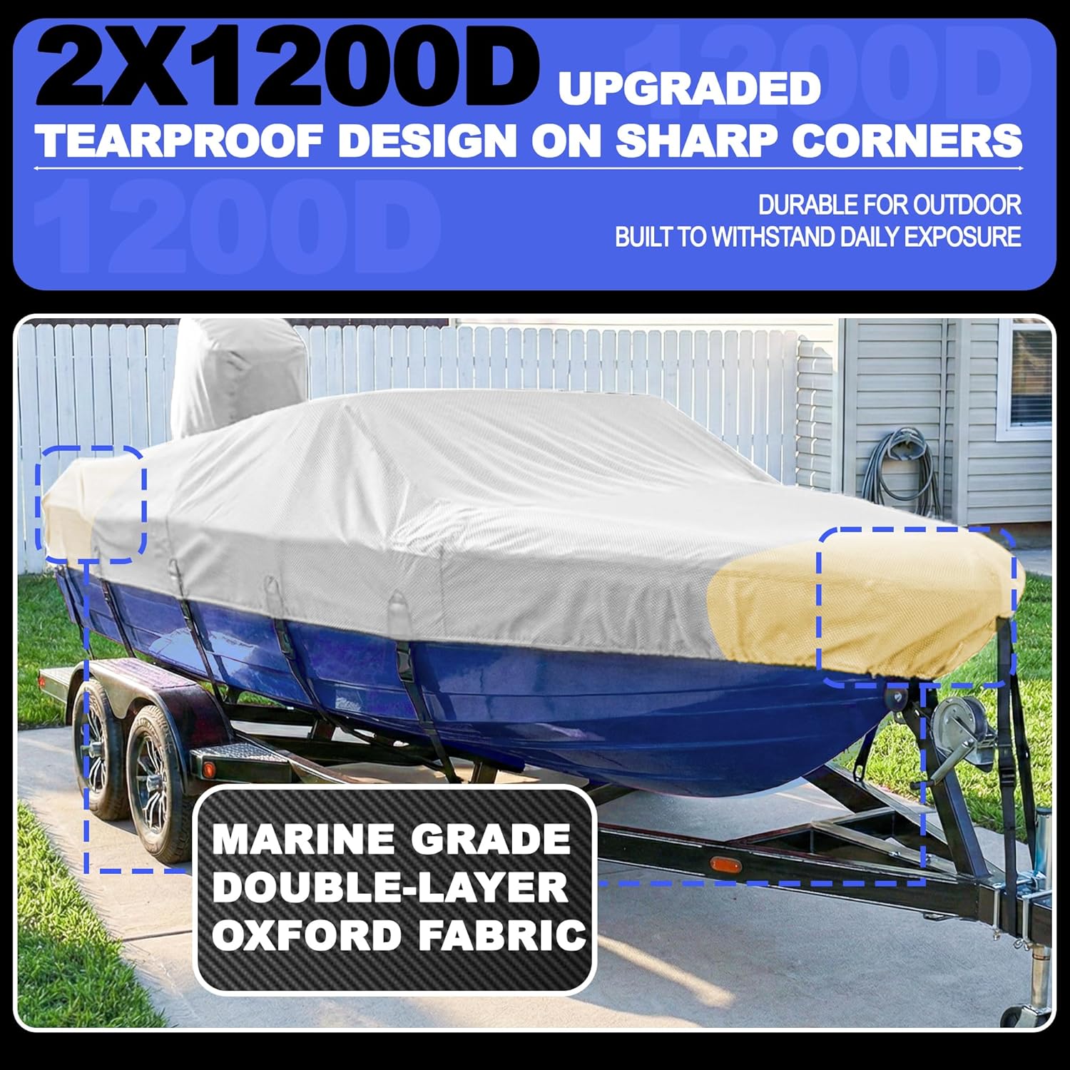 FOCEAN 1200D Waterproof Heavy Duty Boat Cover for Bass, Fishing, V‑Hull & Jon Boats, Marine-Grade All‑Weather Tarp with Storage Bag - Grey